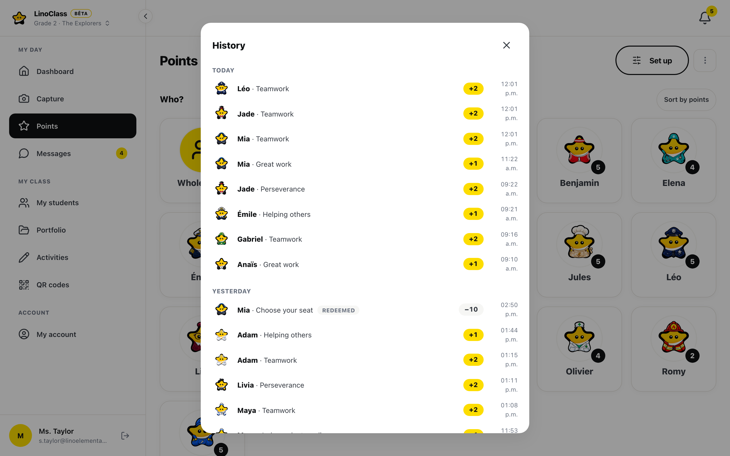 A class's points history in LinoClass: who received what, when, and for which challenge