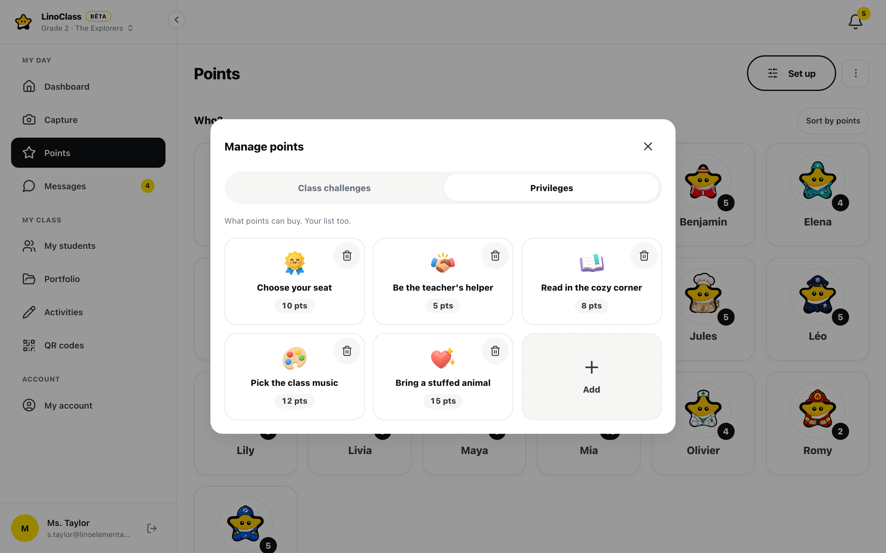 The LinoClass Manage points page: class challenges with their value and privileges with their cost