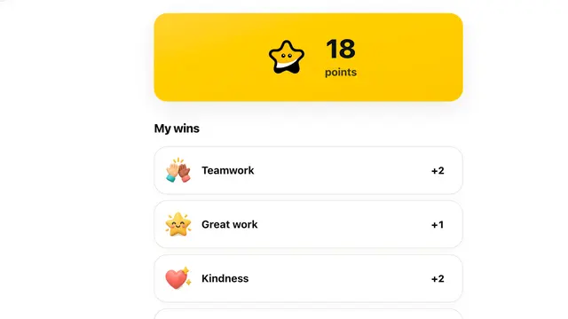 A student's My points page, with their total and the wins of the week