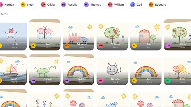 A kindergarten class portfolio filled with children's drawings