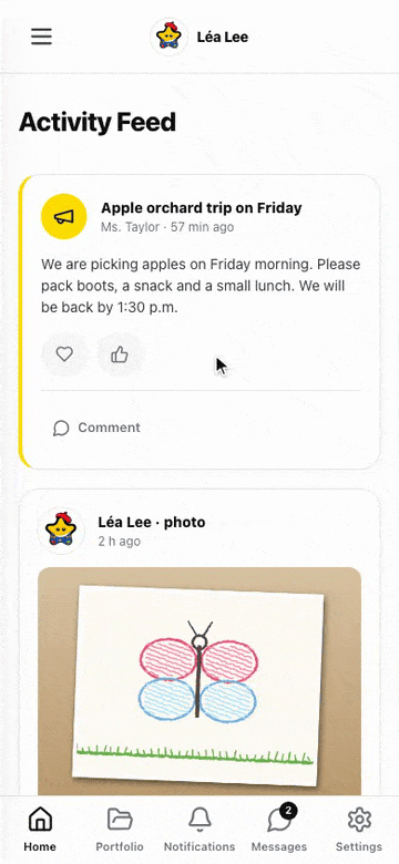 The class feed on a parent's phone: their child's approved worksheet appears