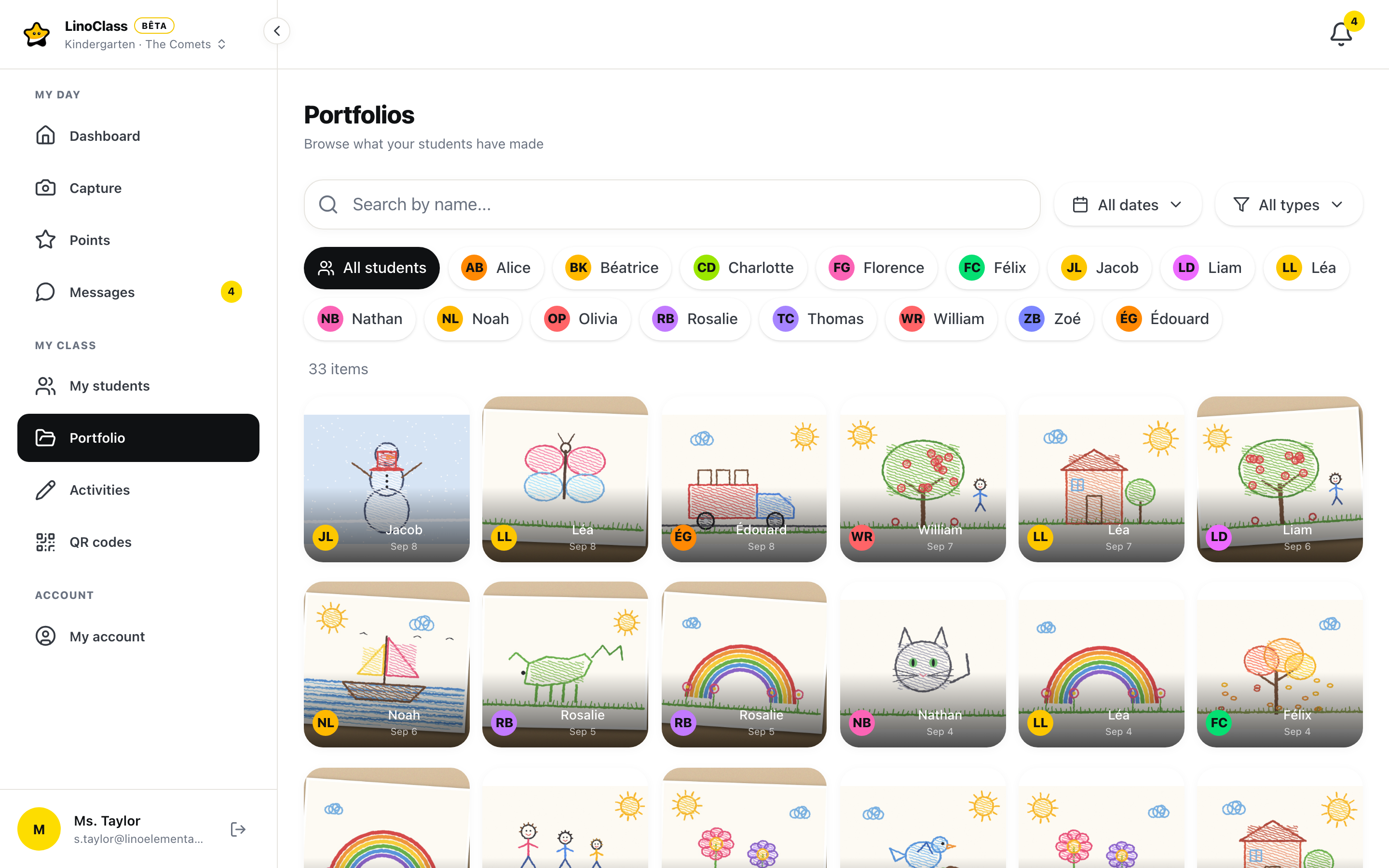 The LinoClass Portfolios page: a Kindergarten class's photos and drawings, filtered by student and by type