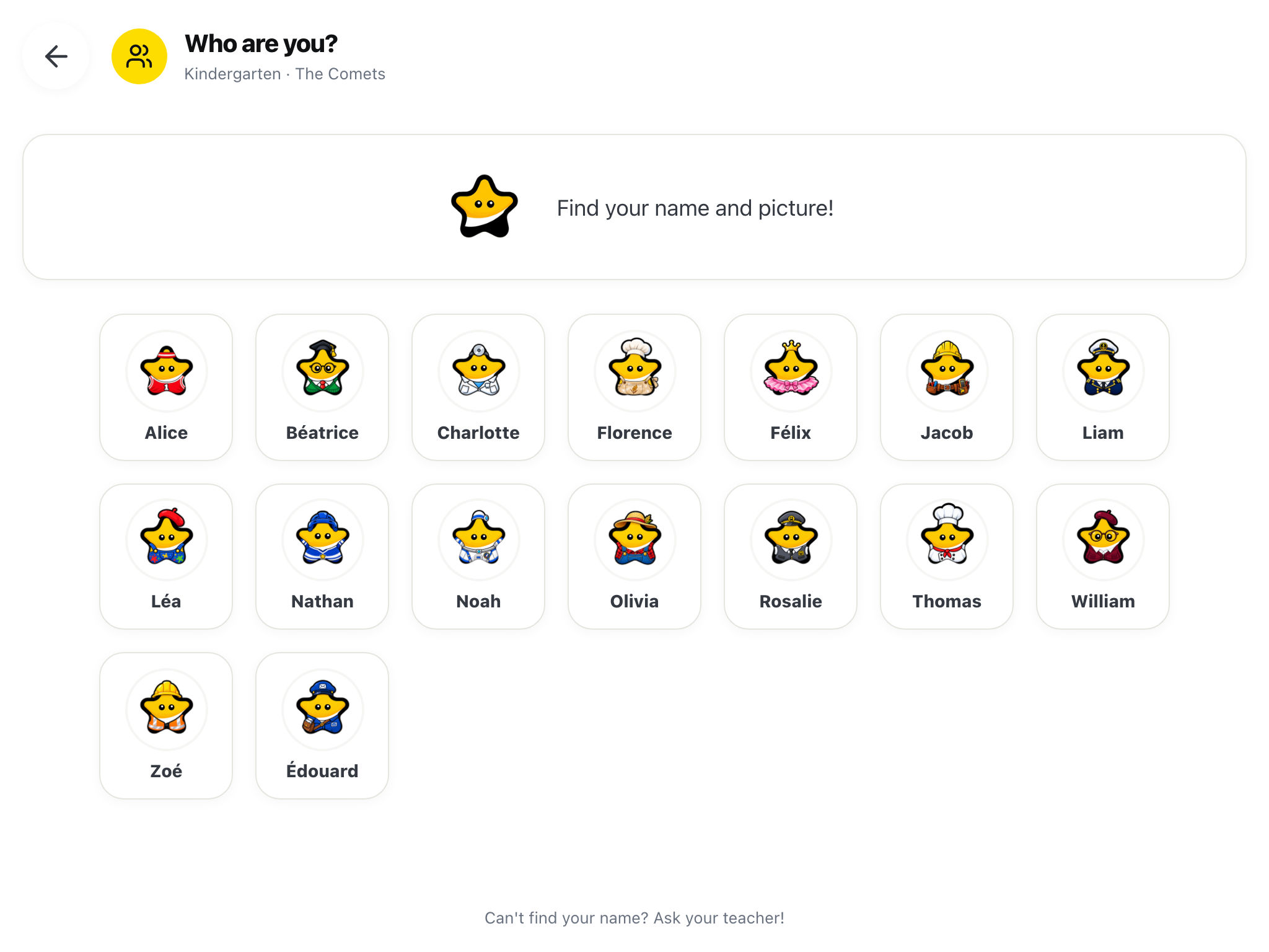 The LinoClass Who are you? screen on the class tablet: each student picks their first name and avatar to reach their worksheet, with no password