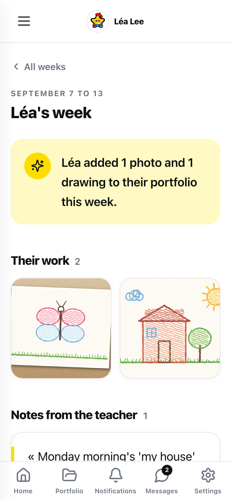 The Weeks page on a parent's phone: one week's creations, activities and teacher notes
