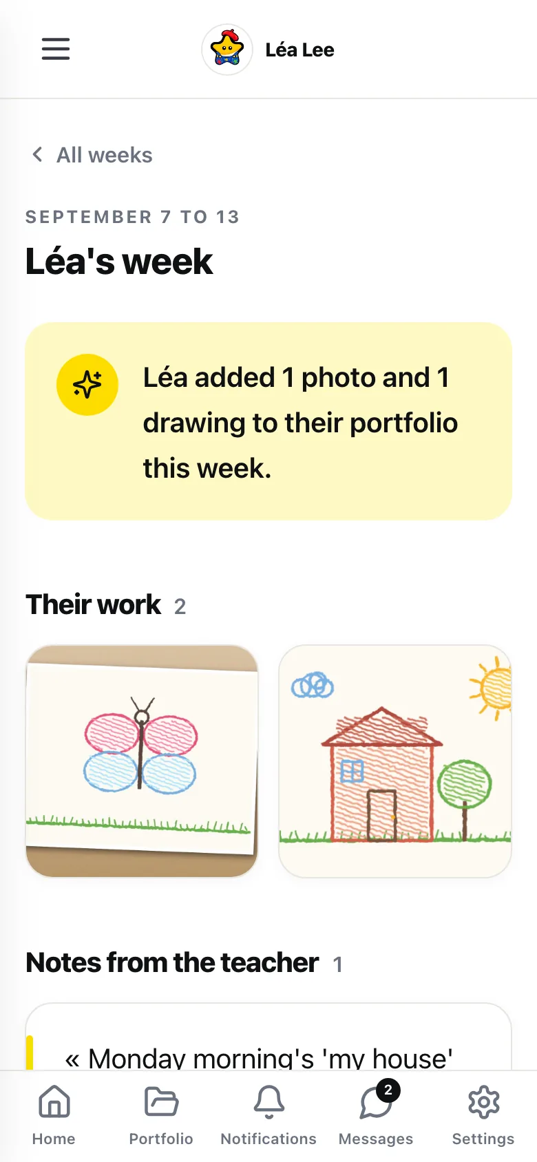 A student's week on a parent's phone: the creations and the teacher's notes
