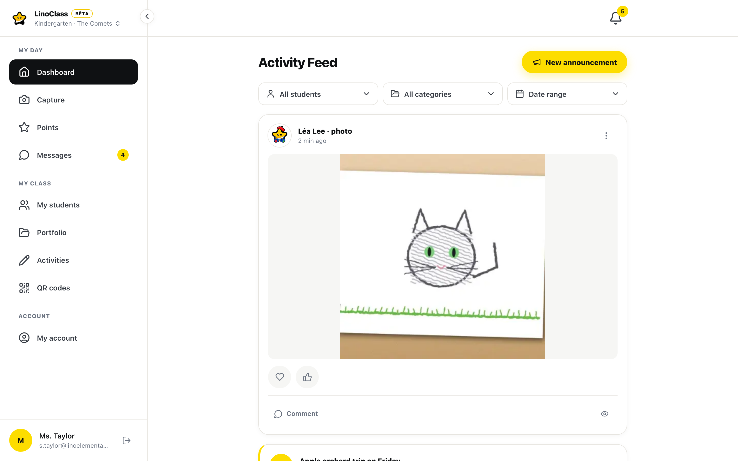 The LinoClass class feed: an announcement with an attachment, approved work and family comments