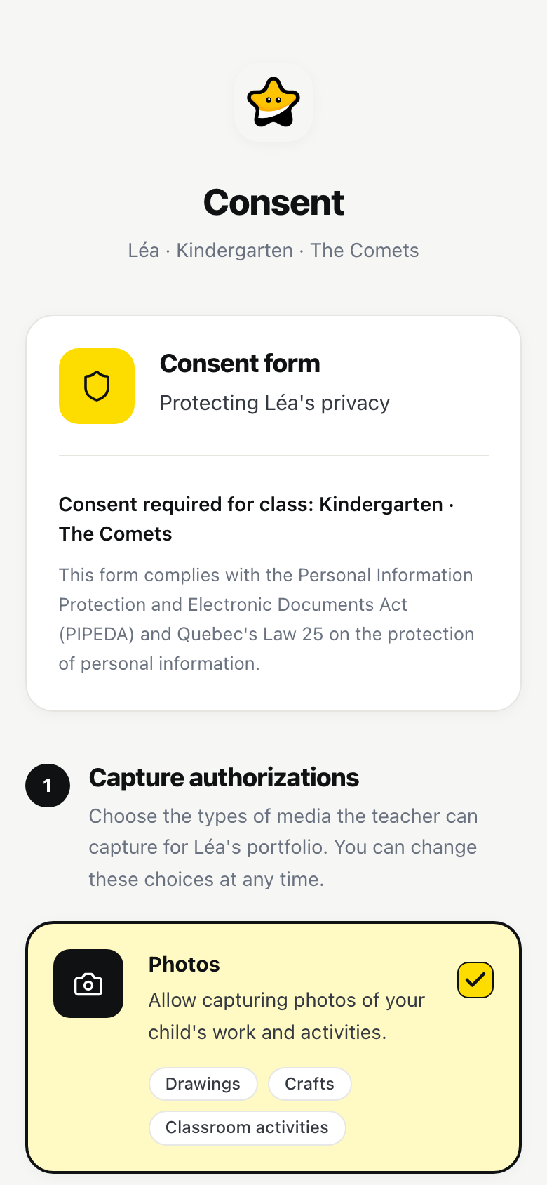 The LinoClass parent consent form on a phone: photos, video and audio recordings, each allowed or refused separately