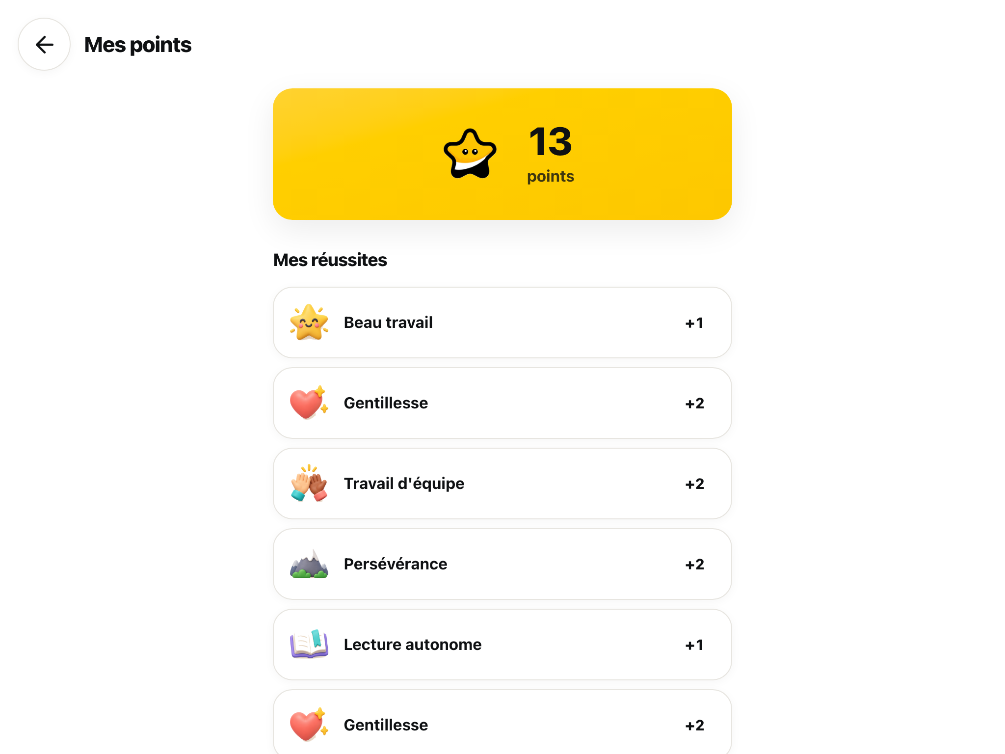 La page Mes points d'un élève sur la tablette : son solde, ses réussites et les privilèges à échanger