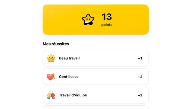 La page Mes points d'un élève, avec son total et ses réussites de la semaine