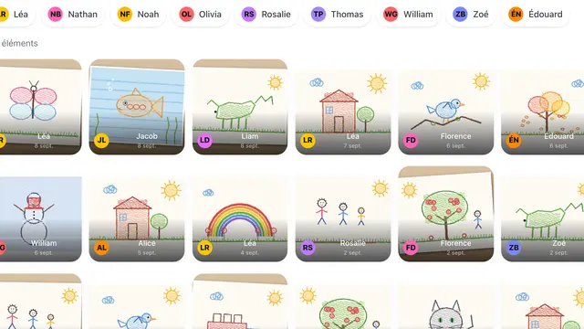 Le portfolio d'une classe de maternelle, rempli de dessins d'enfants