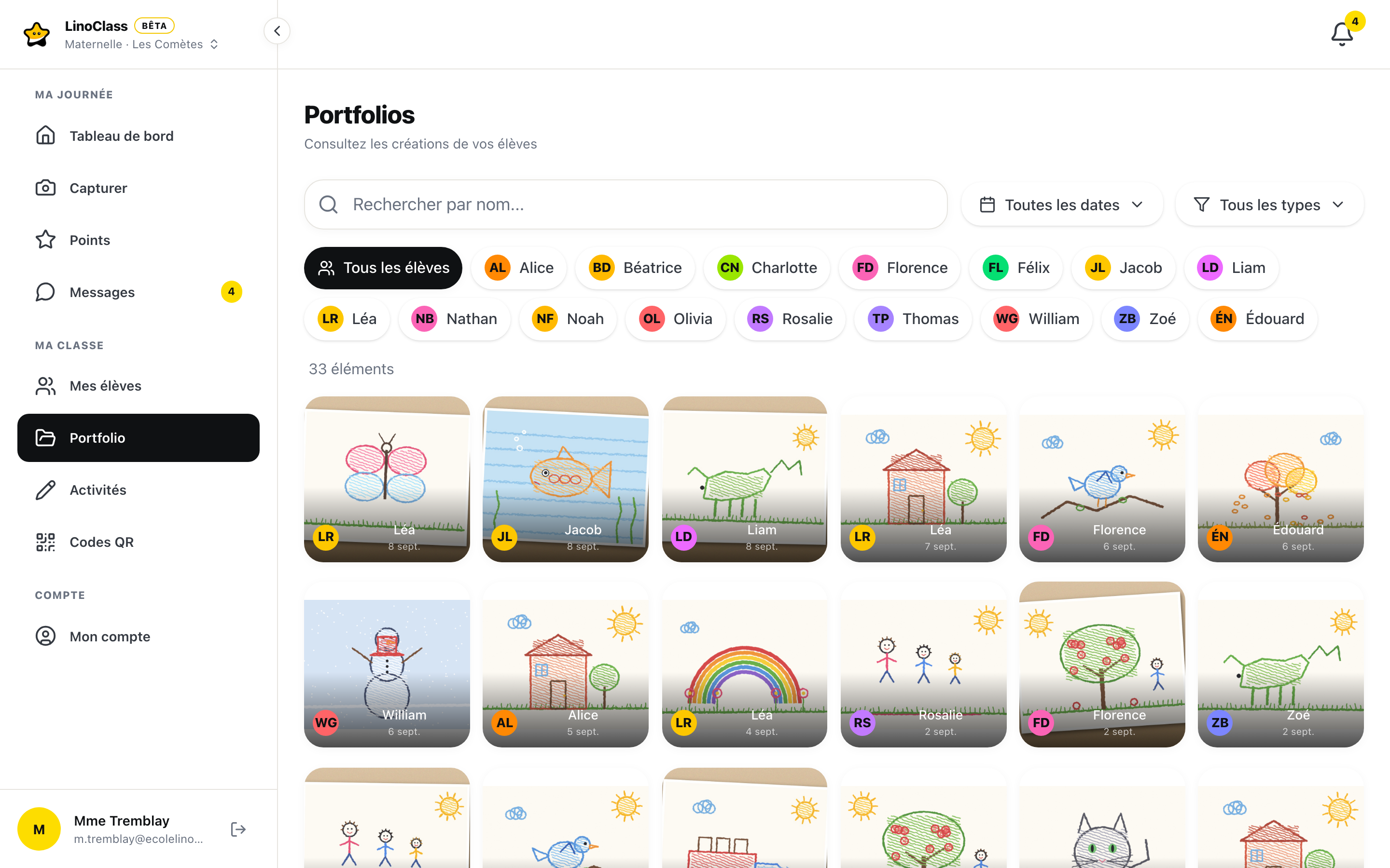 La page Portfolios de LinoClass : les photos et les dessins d'une classe de maternelle, filtrés par élève et par type