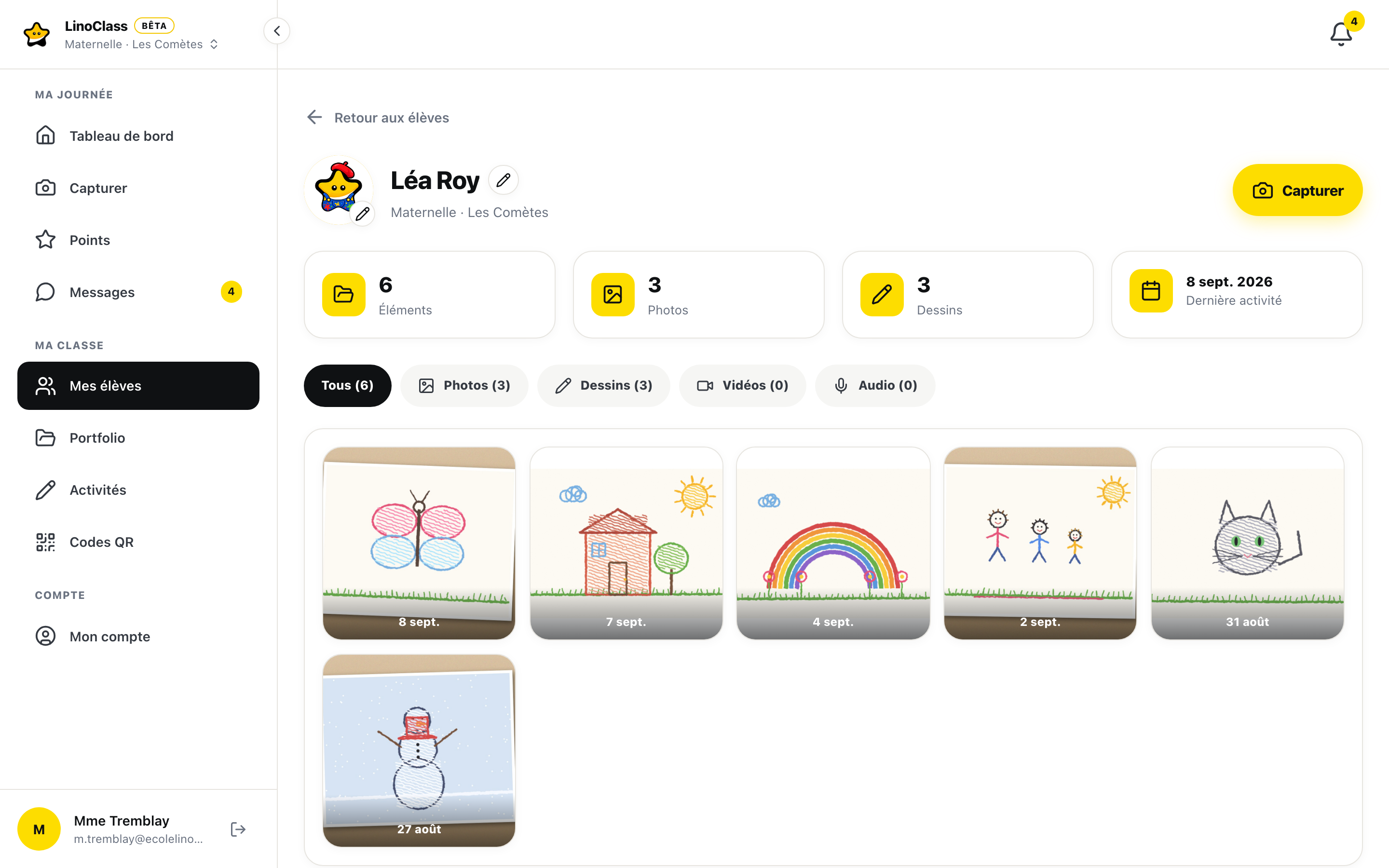 La page d'un élève de maternelle dans LinoClass : ses photos, ses dessins et le bouton Capturer