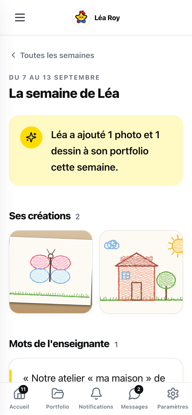 La page Les semaines sur le téléphone d'un parent : les créations, les activités et les mots de l'enseignante d'une semaine