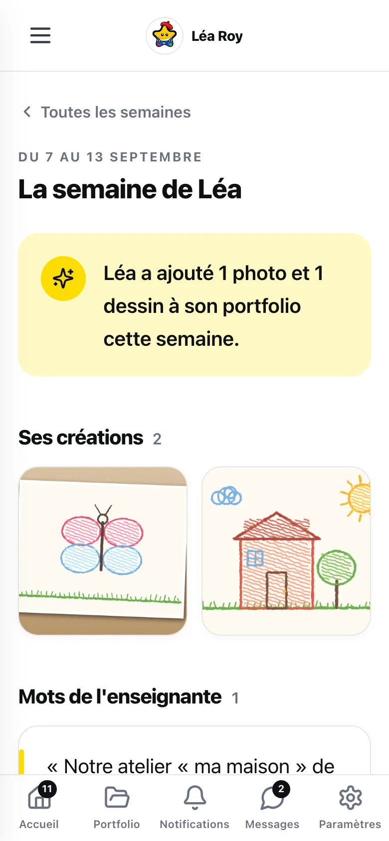 La semaine d'une élève sur le téléphone d'un parent&nbsp;: ses créations et les mots de l'enseignante