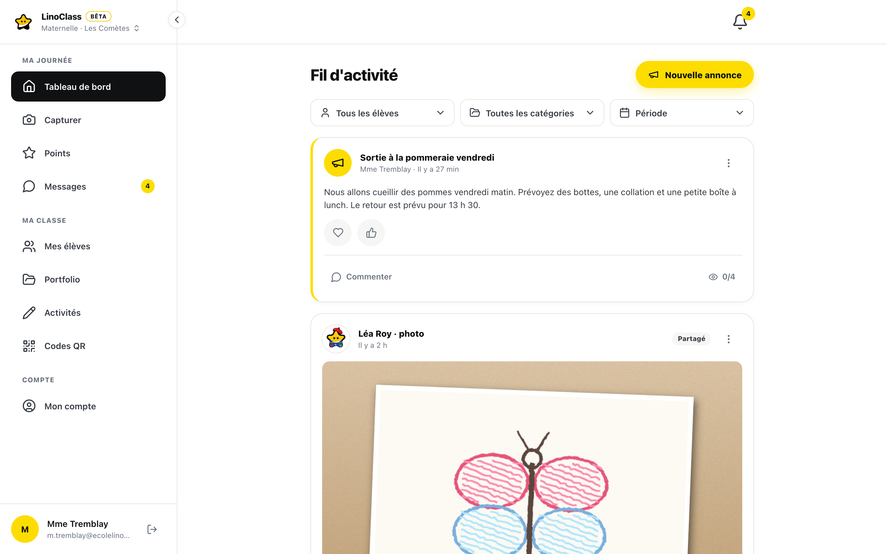 Le fil de classe LinoClass : une annonce, des travaux approuvés et les commentaires des parents