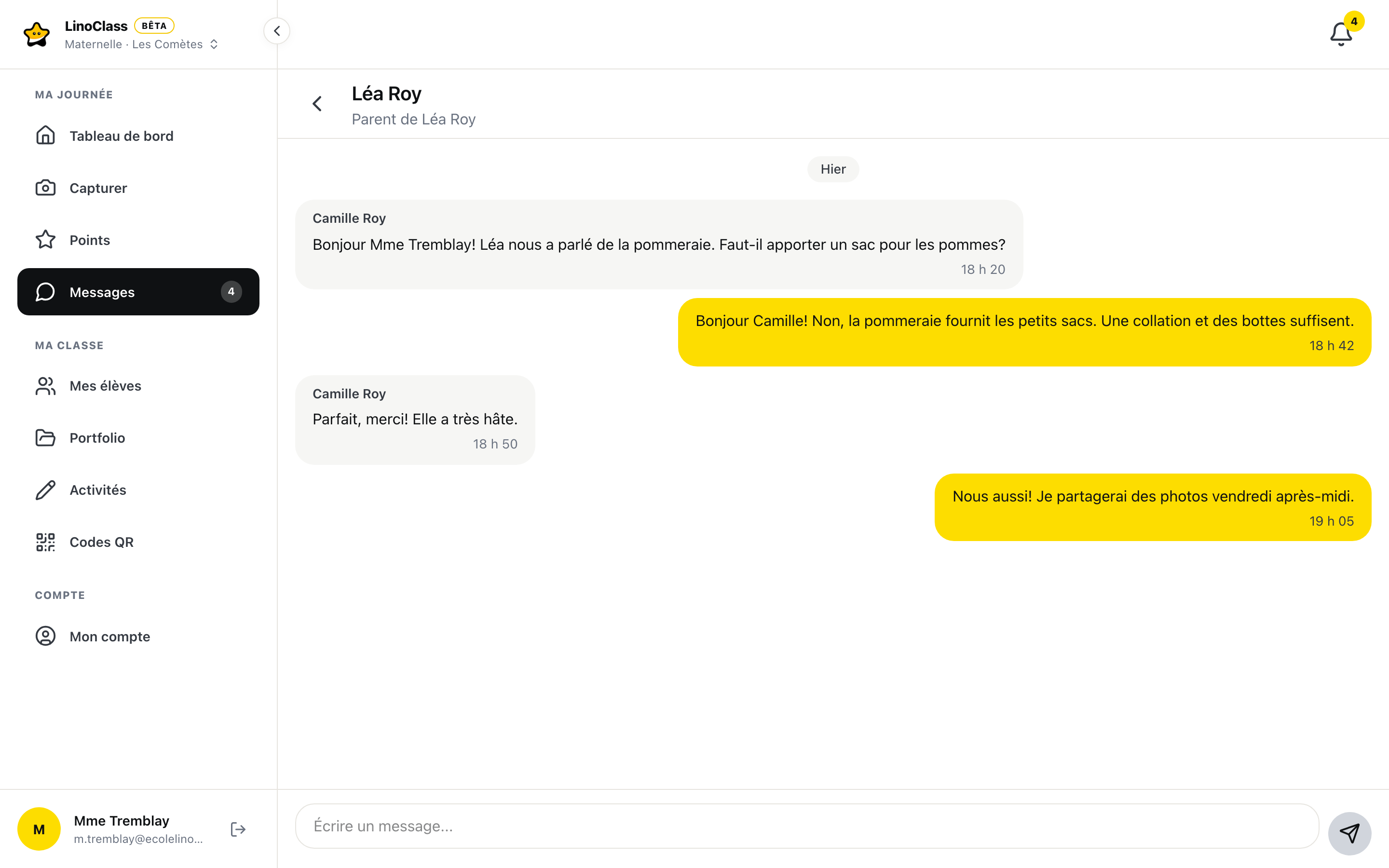La page Messages de LinoClass : une conversation entre l'enseignante et un parent, rattachée à l'élève