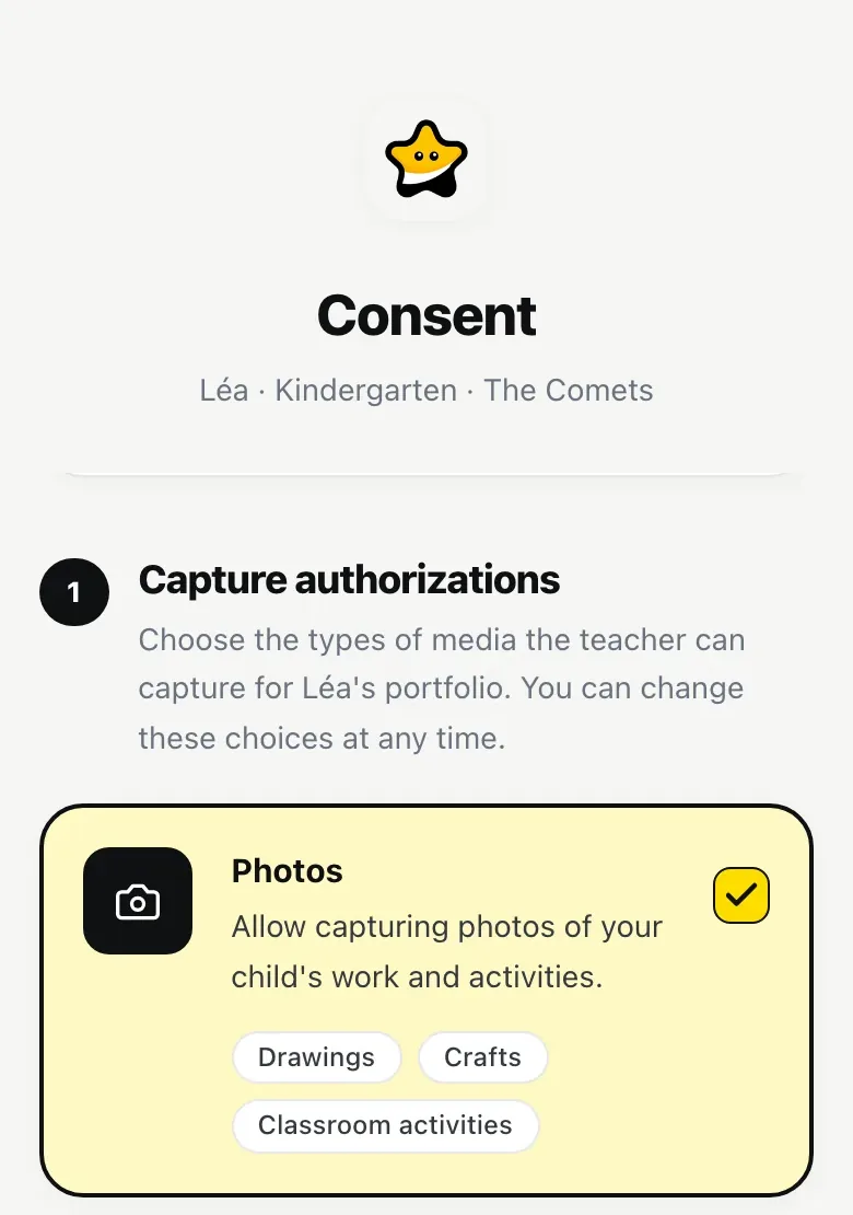 A parent's consent screen: photos, videos and audio recordings, each allowed one by one